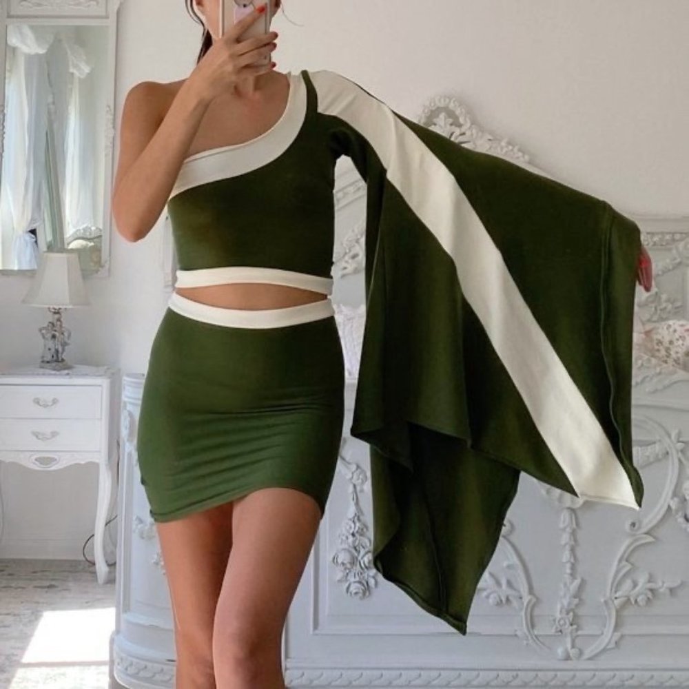 Vintage Bodycon One Shoulder Hippie Bell Sleeve Green Crop Top Skirt Set - Picture 4 of 8